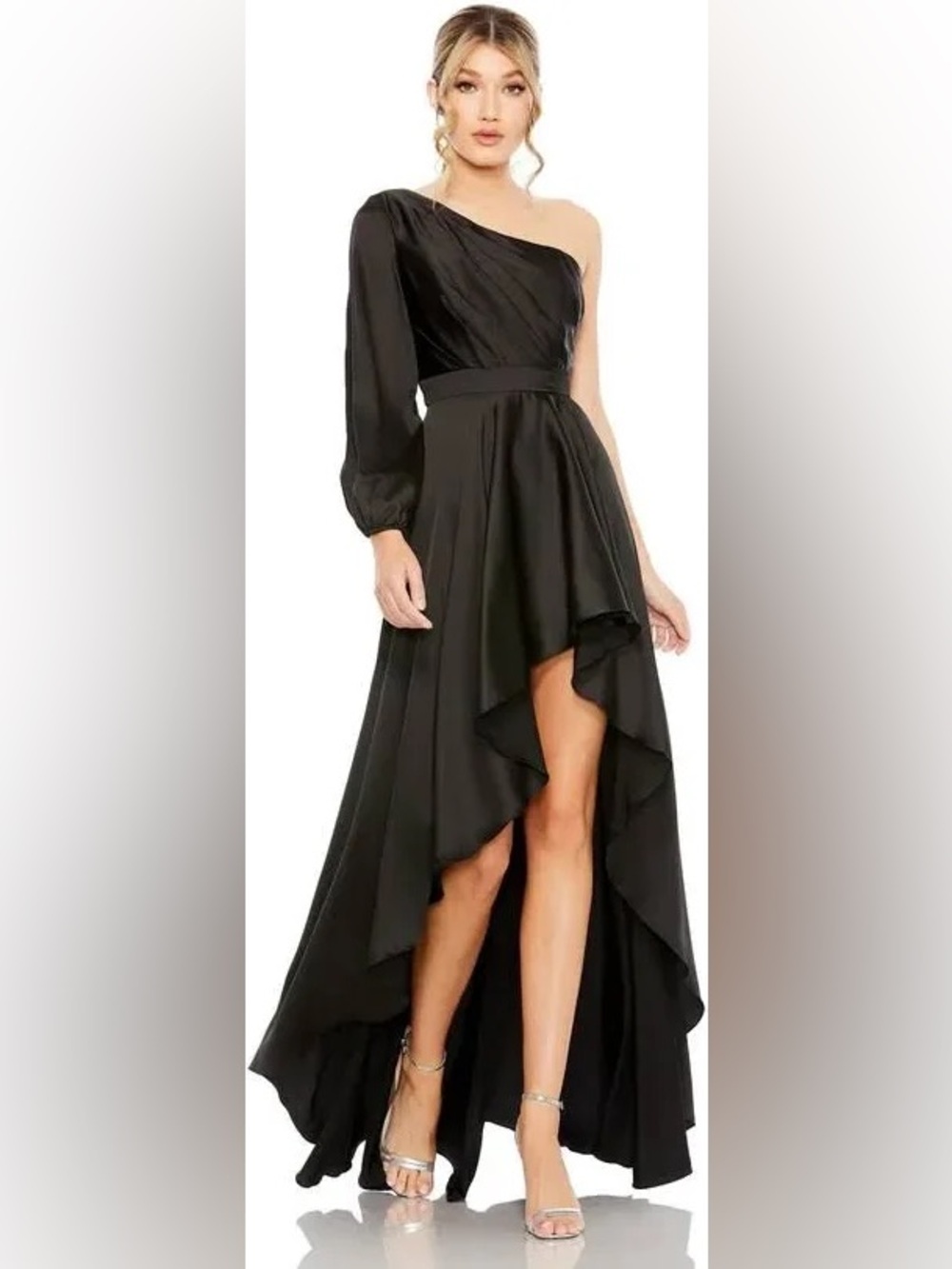 Mac Duggal Black Long Sleeve One-Shoulder High Low Satin Gown NWT sz 4